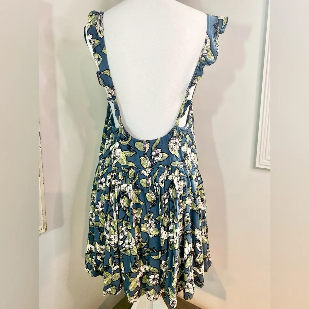FREE PEOPLE Dear You Blue Green Floral Ruffle Flare Casual Sundress Size Medium